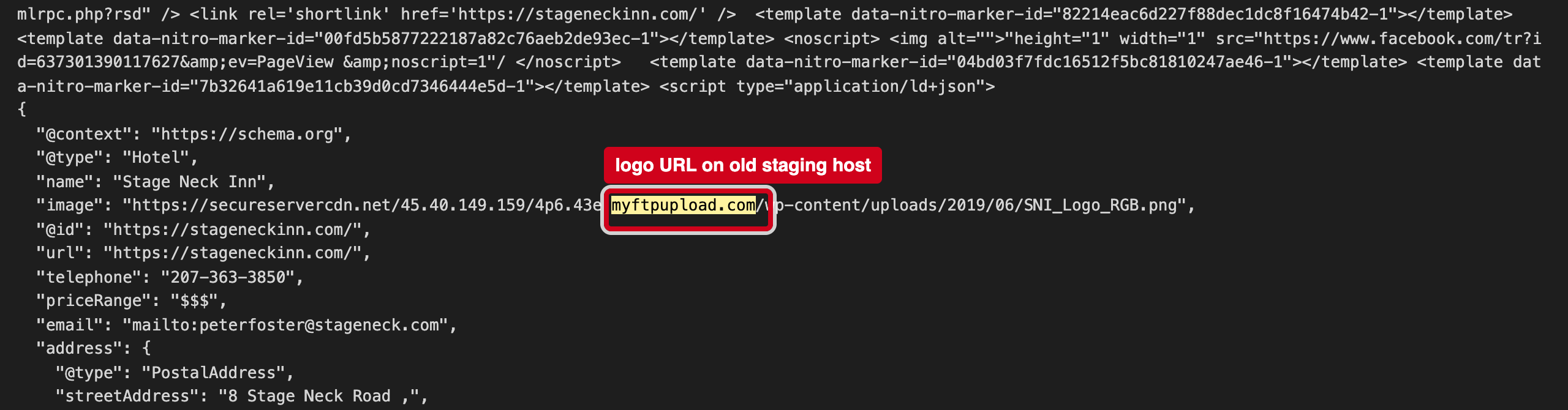 Screenshot: Your logo in the hotel facts block points to a dead staging host