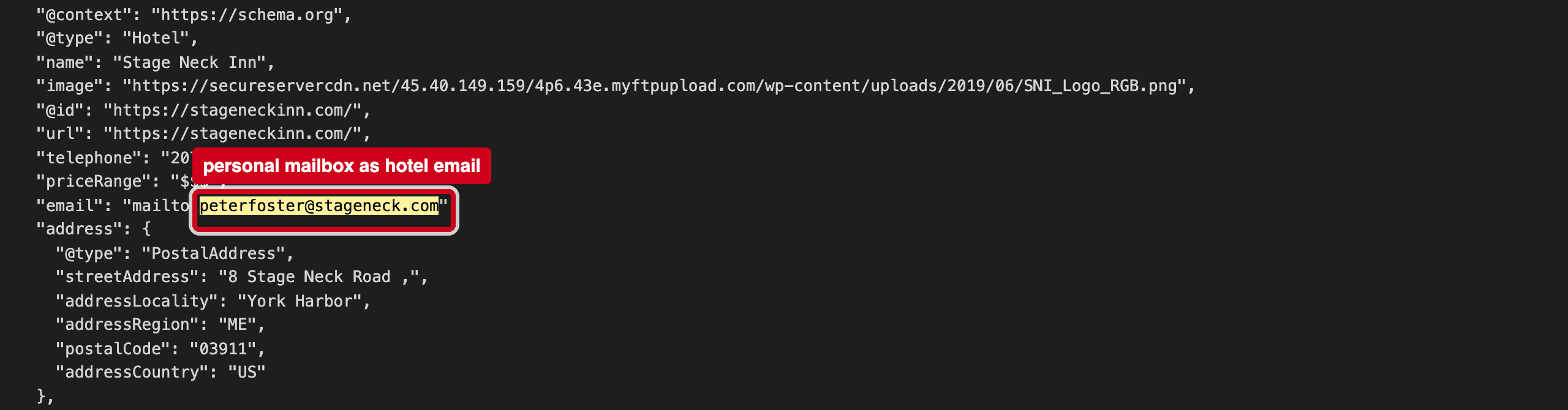 Screenshot: The hotel email is a personal mailbox, written as a link